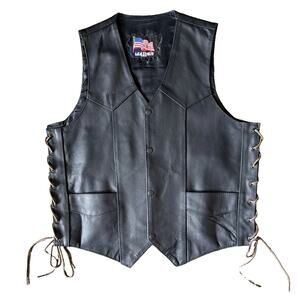 Vintage Leather USA Sz L Black Leather Biker Vest Motorcycle Lace Up Western
